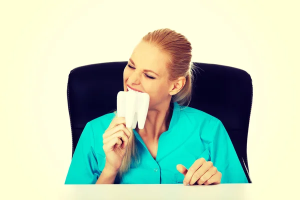 Engraçado feminino dentista sentado behing o mesa e segurando oversized dente modelo — Fotografia de Stock