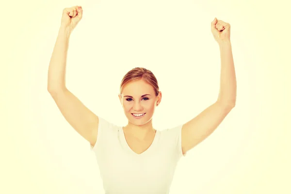 Young happy woman with arms up — Stock Photo, Image