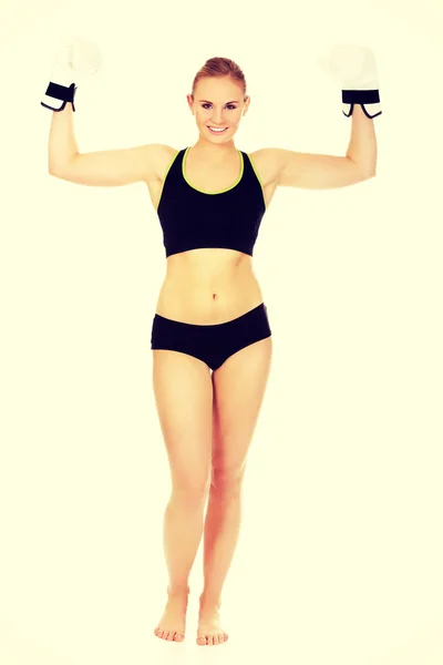 Boxing fitness woman wearing white boxing gloves — Stock Photo, Image