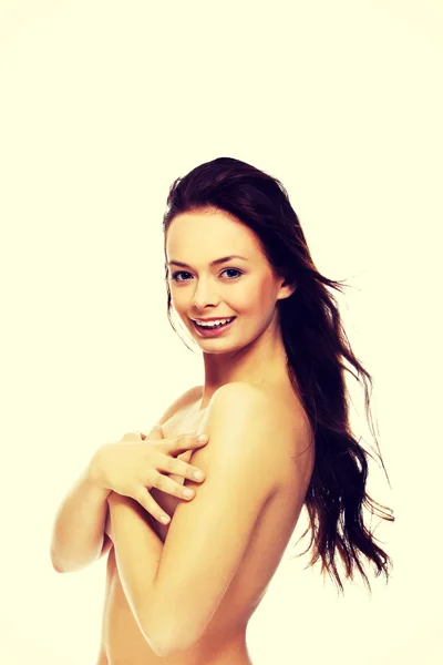 Attractive brunette topless woman with long hair — Stock Photo, Image