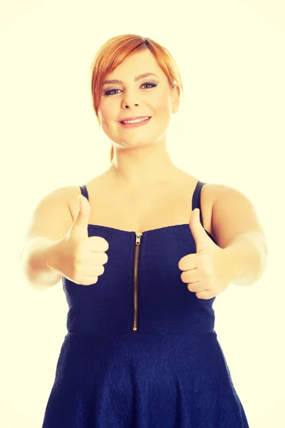 Happy overweight woman with thumbs up — Stock Photo, Image