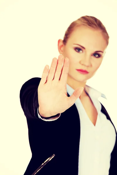 Young business woman shows stop gesture — Stock Photo, Image