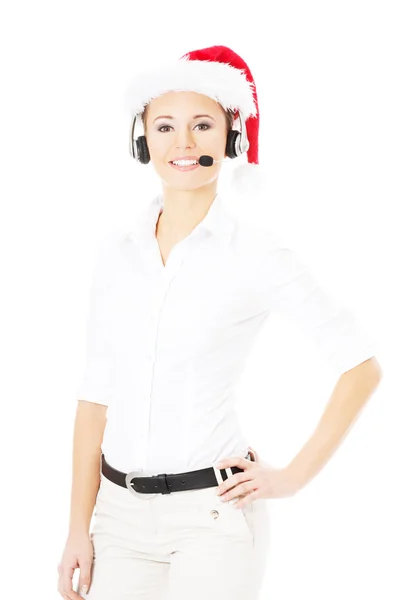 Call center woman with red Christmas hat — Stock Photo, Image