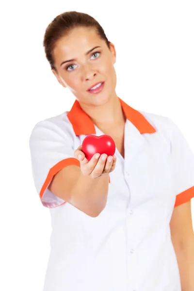 Genç kadın doktor veya hemşire oyuncak kalp tutan — Stok fotoğraf