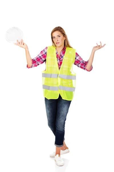 Female builder making do not know sign — Stock Photo, Image