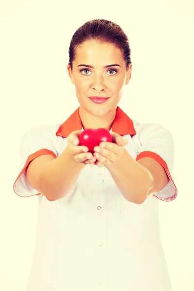 Unga kvinnliga läkare eller sjuksköterska hålla leksak hjärta — Stockfoto
