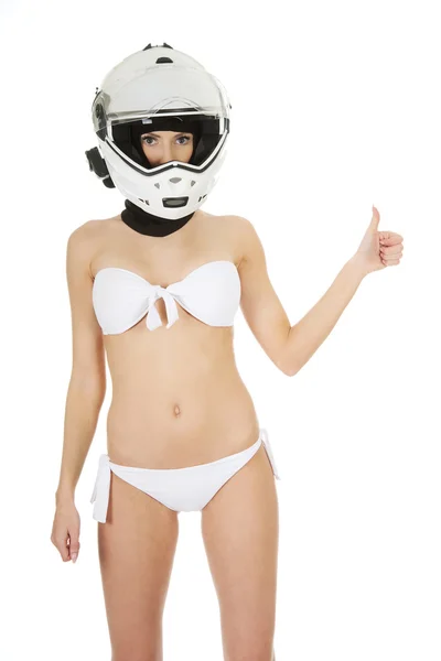 Woman in motorcycle helmet with thumbs up. — Stock Photo, Image