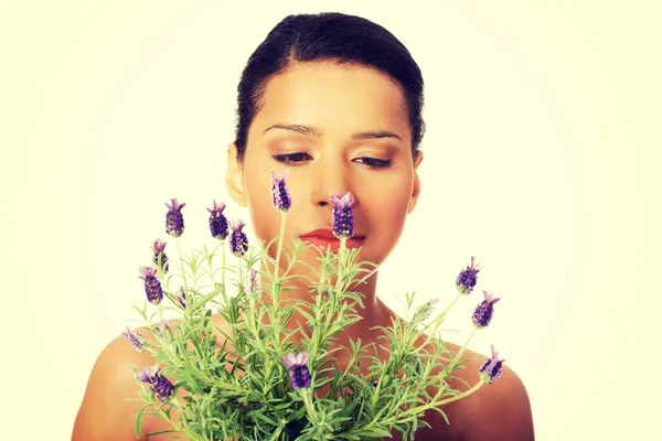 La femme tient une plante à laveder — Photo