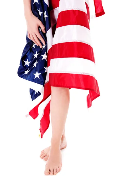 Frauenbeine mit US-Flagge auf weißem Hintergrund. — Stockfoto