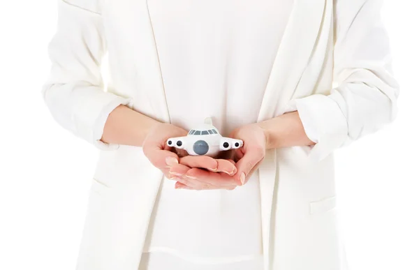 Business woman holding flyg modell. — Stockfoto