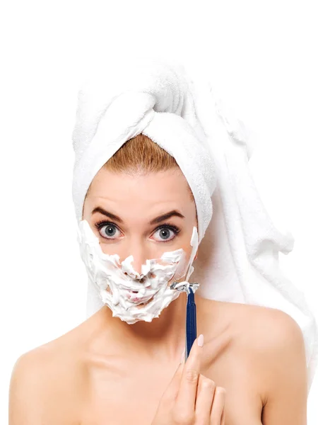 Young woman have morning shave — Stock Photo, Image