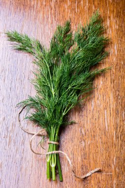 Ahşap tahta üzerinde taze yeşil dereotu