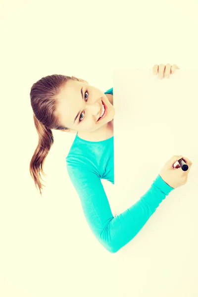 Happy woman with blank board — Stock Photo, Image