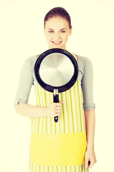 Smiling woman with the frying pan — Stock Photo, Image