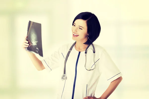 Female doctor or nurse looking at radiography photo — Stock Photo, Image