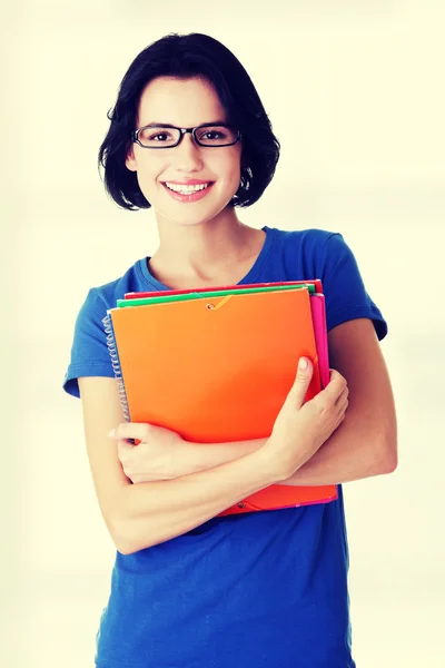 Glad student kvinna med bärbara datorer — Stockfoto