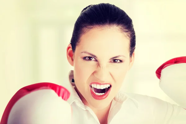 Jeune femme d'affaires avec gants de boxe — Photo