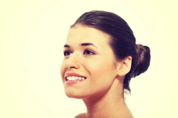 Portrait of beautiful woman looking up, profile. — Stock Photo, Image