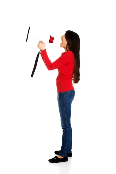 Mulher atraente com megafone . — Fotografia de Stock