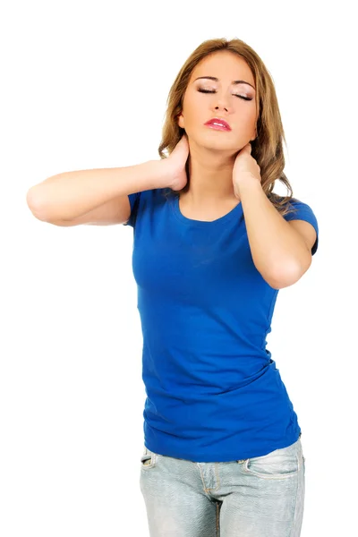 Mujer joven con dolor de cuello. —  Fotos de Stock