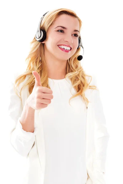 Closeup πορτρέτο της γυναικείας αντιπρώσοπος εξυπηρέτησης φορώντας ακουστικά. — Φωτογραφία Αρχείου