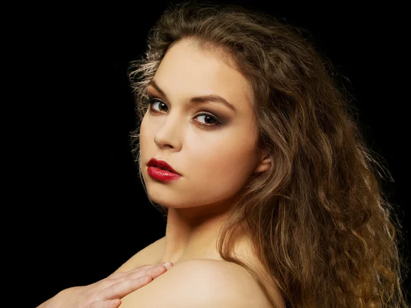 Beautiful topless woman with long curly hair — Stock Photo, Image