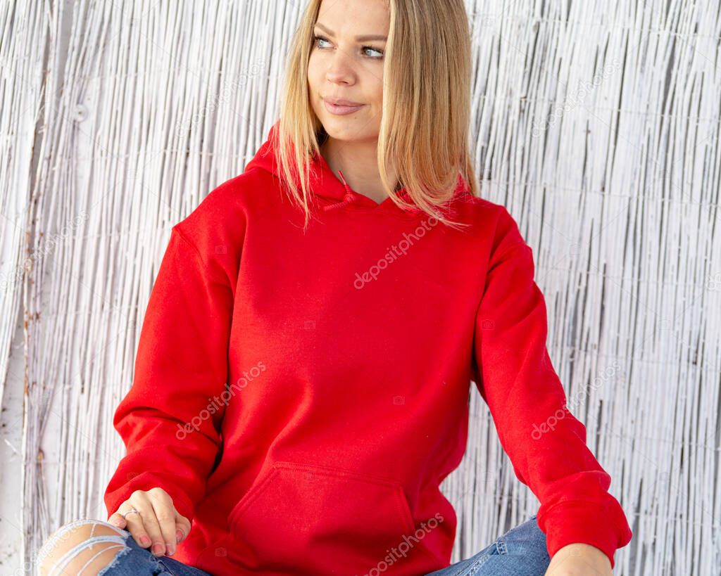 Woman in red hoodie for mockup