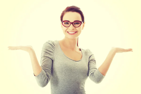 Beautiful casual woman with empty copy space on hands. — Stock Photo, Image