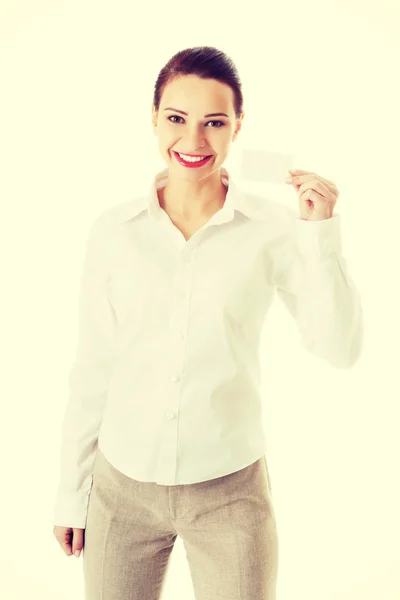 Beautiful business woman holding personal card. — Stock Photo, Image