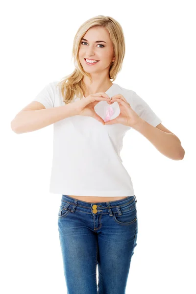 Woman with pink breast cancer awareness ribbon — Stock Photo, Image