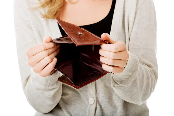 Young caucasian woman with empty wallet — Stock Photo, Image