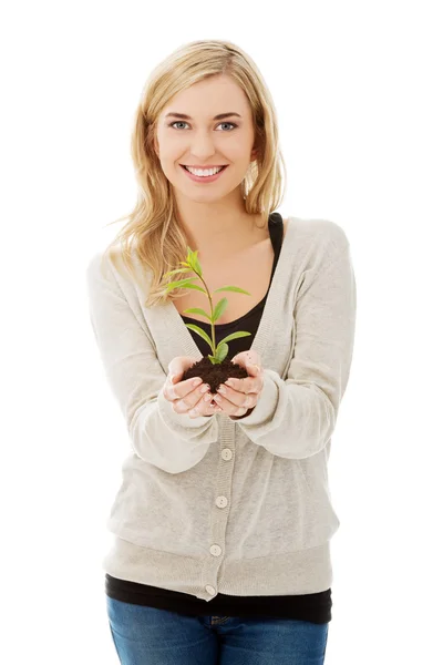 Frau mit Pflanze und Schmutz in der Hand — Stockfoto