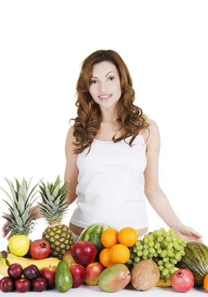 Mujer joven con grupo de frutas . —  Fotos de Stock
