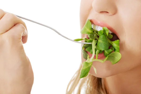 Lächelnde Frau isst Salat — Stockfoto