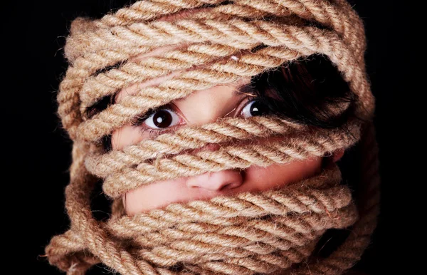 Tied up scared woman face. — Stock Photo, Image