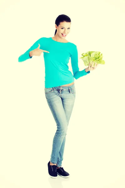 Attractive smiling woman with salat — Stock Photo, Image