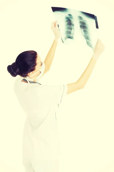 Женщина-врач смотрит на фото с рентгенографии — стоковое фото