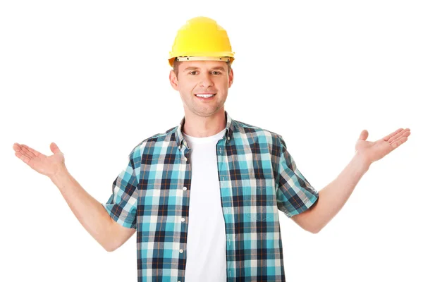 Happy worker presenting copy space. — Stock Photo, Image