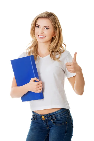 Mulher feliz com sinal de mão ok — Fotografia de Stock