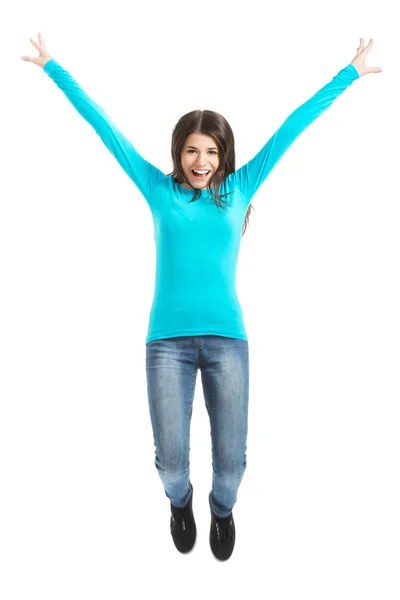 Young casual woman, student jumping. — Stock Photo, Image