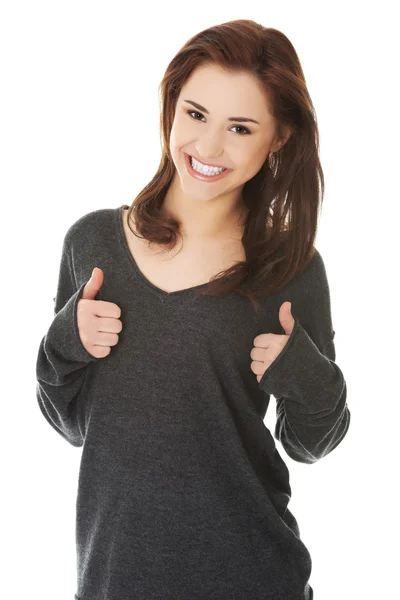 Ok el işareti ile mutlu bir kadın — Stok fotoğraf