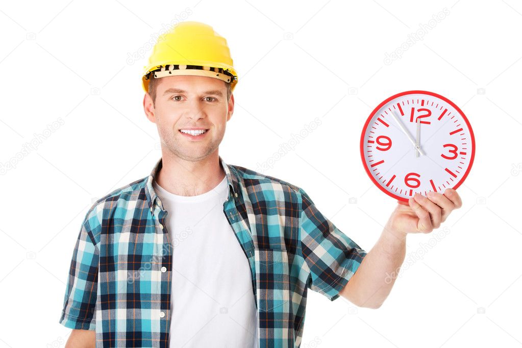 Businessman wearing helmet with clock