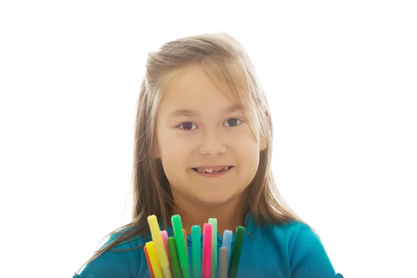 Menina segurando lápis de cor — Fotografia de Stock