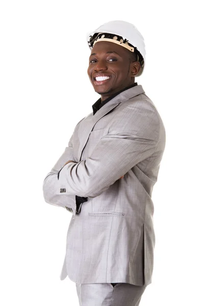 Homem de negócios preto usando capacete — Fotografia de Stock