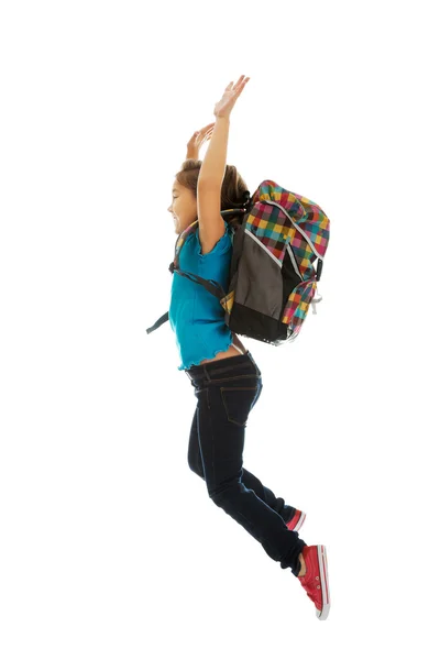 Chica con bolsa saltando alto — Foto de Stock