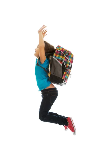 Chica con bolsa saltando alto — Foto de Stock