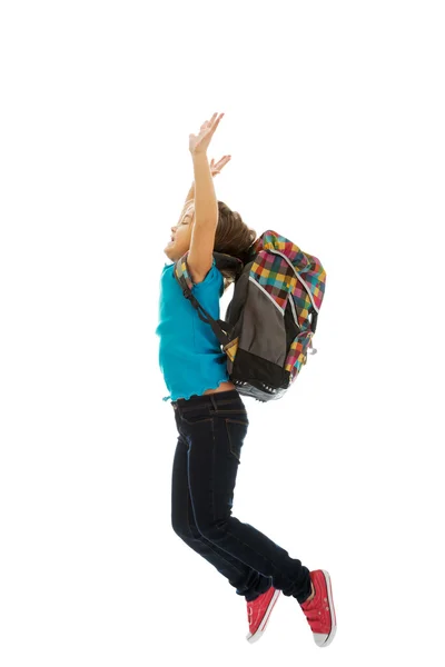 Ragazza con borsa saltando in alto — Foto Stock