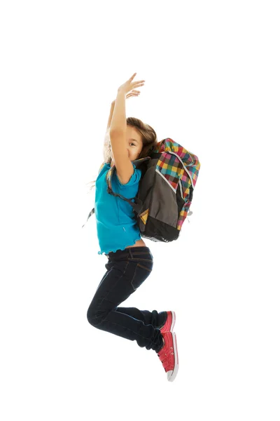 Menina com saco pulando alto — Fotografia de Stock