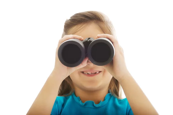 Menina feliz com binóculos — Fotografia de Stock