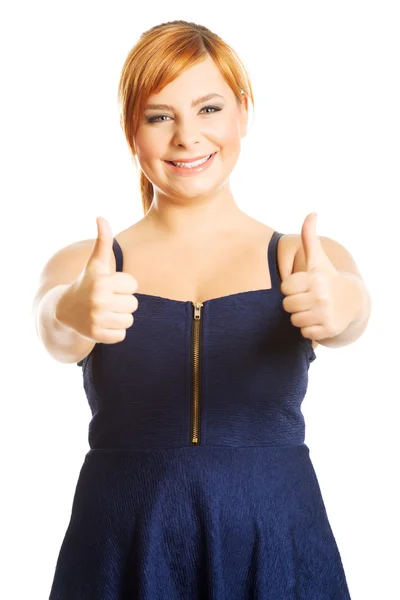 Happy overweight woman with thumbs up — Stock Photo, Image